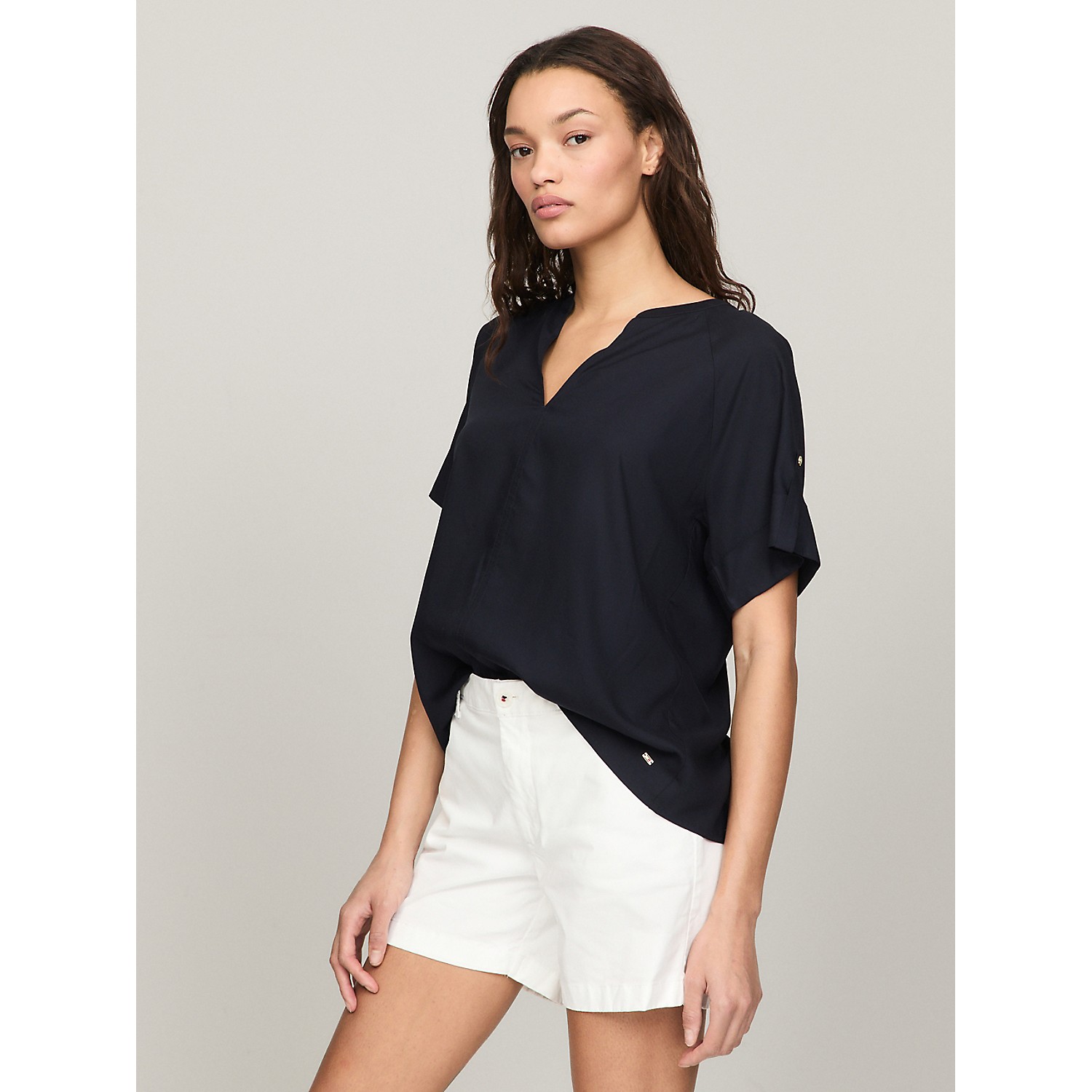 TOMMY HILFIGER Solid Roll Tab Short-Sleeve Top